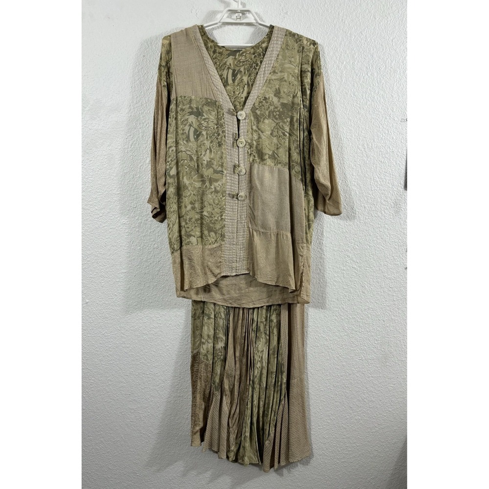 Vintage URU 3 Piece Skirt Set Womens One Size Green Beige Lagenlook Made USA 90s